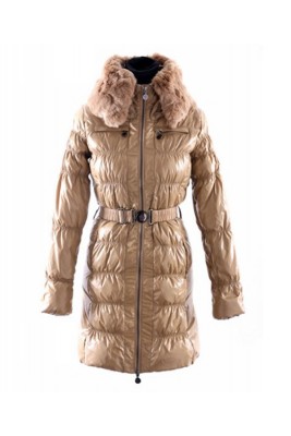 Moncler Classic Down Coat Women Zip Fur Collar With Belt Kahki