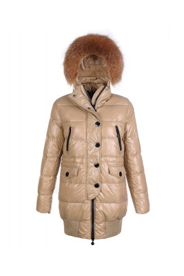 Moncler Loire Coat Women Fur Hoodie Zip With Button Khaki