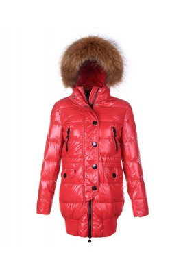 Moncler Loire Coat Women Fur Hoodie Zip With Button Red