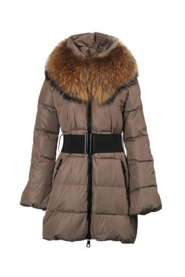 Moncler Sauvage Women Down Coat Fur Collar Long Brown