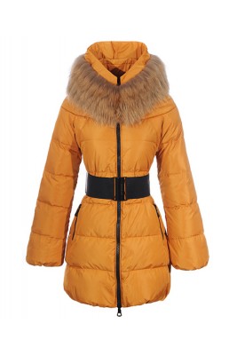 Moncler Sauvage Women Down Coat Fur Collar Long Orange