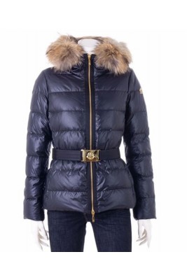 Moncler Angers Womens Jackets Decorative Belt Hooded Navy Blue