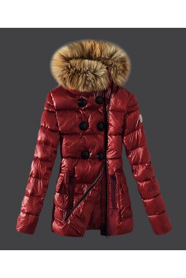 2016 Moncler Down Jackets Womens Zip Fur Collar Red