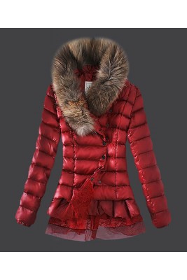 2016 Moncler Women Down Jacket Single Breasted Lace Red