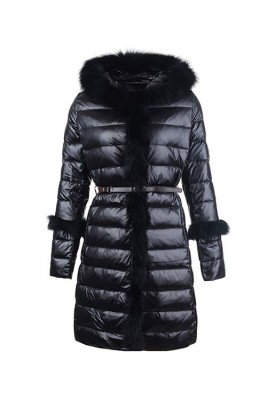 2016 Moncler Coats Womens Hooded Fur Collar Black