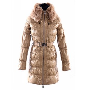 Moncler Classic Down Coat Women Zip Fur Collar With Belt Kahki
