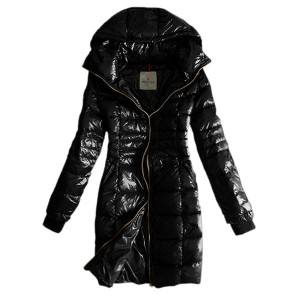 Moncler Coat Women Gold Zip Hooded Black Long