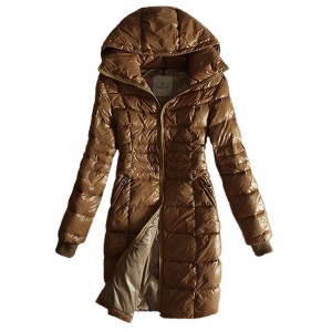 Moncler Coat Women Gold Zip Hooded Khaki Long