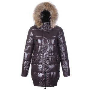 Moncler Loire Coat Women Fur Hoodie Zip With Button Coffee