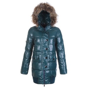 Moncler Loire Coat Women Fur Hoodie Zip With Button Green