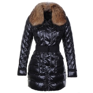 Moncler Safran Coats Women Shiny Fabric Black Long