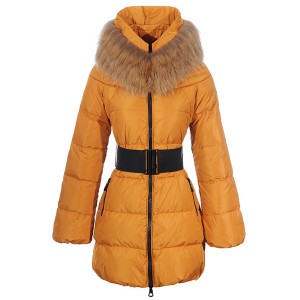 Moncler Sauvage Women Down Coat Fur Collar Long Orange