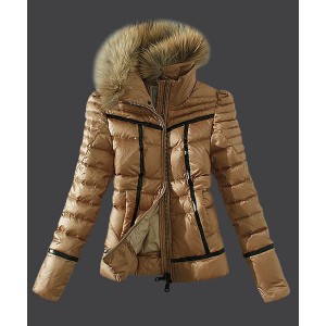 2016 Moncler Womens Down Jackets Zip Fur Collar Light Tan