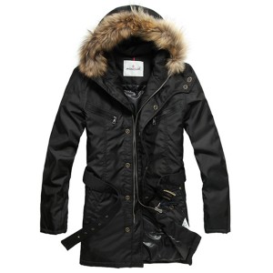 Moncler Coat Men Hooded Fur Collar Black