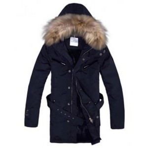 Moncler Coat Men Hooded Fur Collar Navy Blue