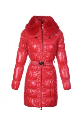 Moncler Classic Down Coat Women Zip Fur Collar With Belt Red