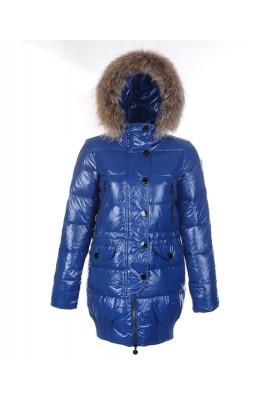 Moncler Loire Coat Women Fur Hoodie Zip With Button Blue