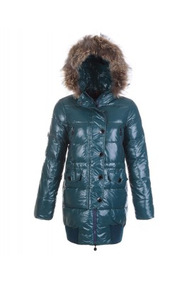 Moncler Loire Coat Women Fur Hoodie Zip With Button Green