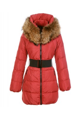 Moncler Sauvage Women Down Coat Fur Collar Long Red