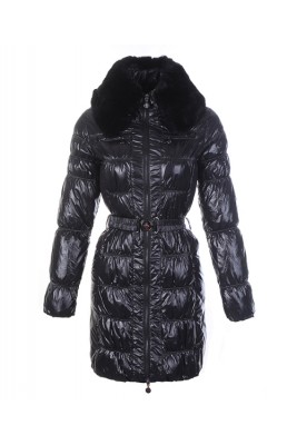 Moncler Classic Down Coat Women Zip Fur Collar With Belt Black
