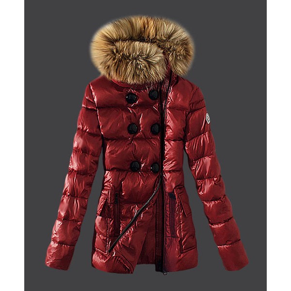 2016 Moncler Down Jackets Womens Zip Fur Collar Red